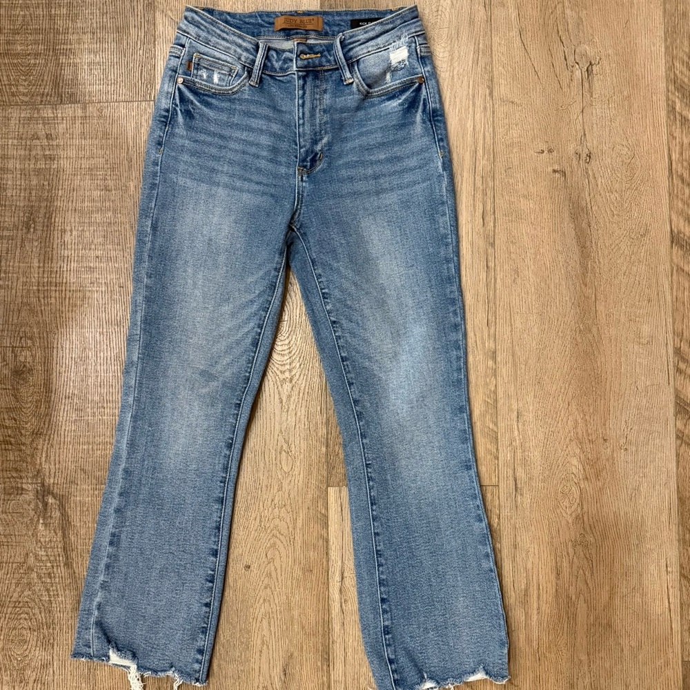 Judy Blue Kick Flare Jeans Size 1/25 Raw Hem Distressed High Rise Stretch